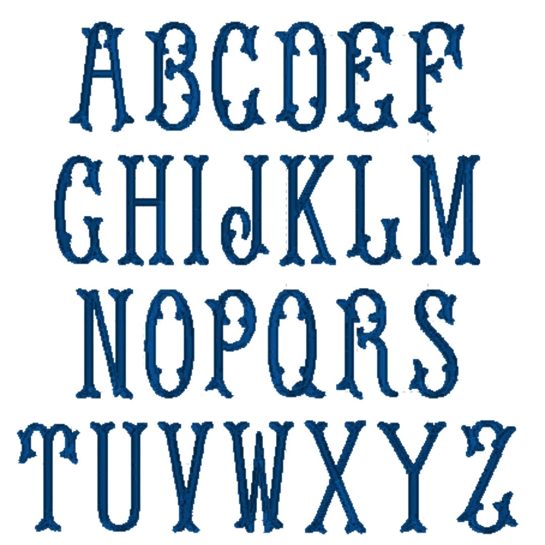 A blue alphabet with decorative flourishes. The letters are in a serif font and are arranged in three rows.