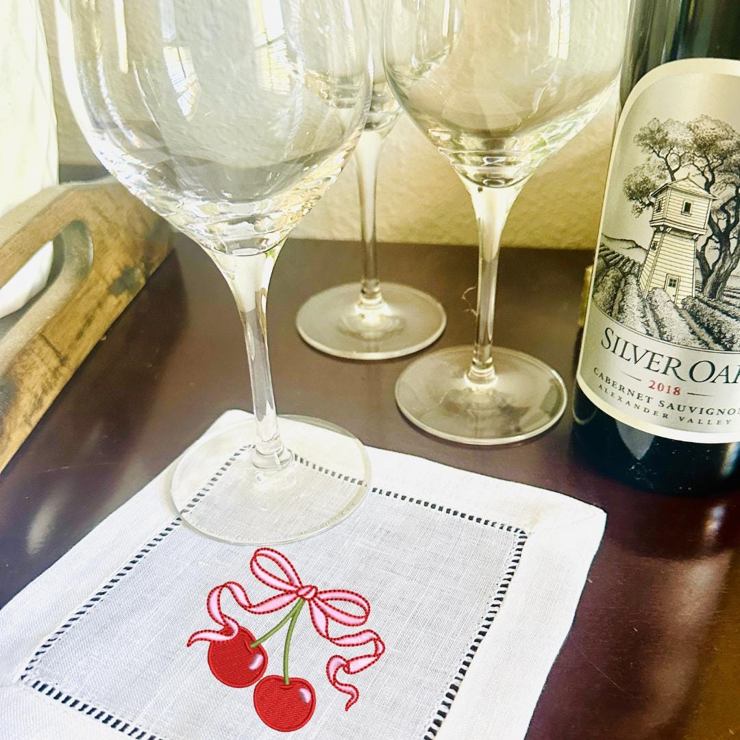 Embroidered Linen Drink Coasters Barware and Cocktail Gifts with Cherry 30th Birthday Gift for Her (Set of 4)