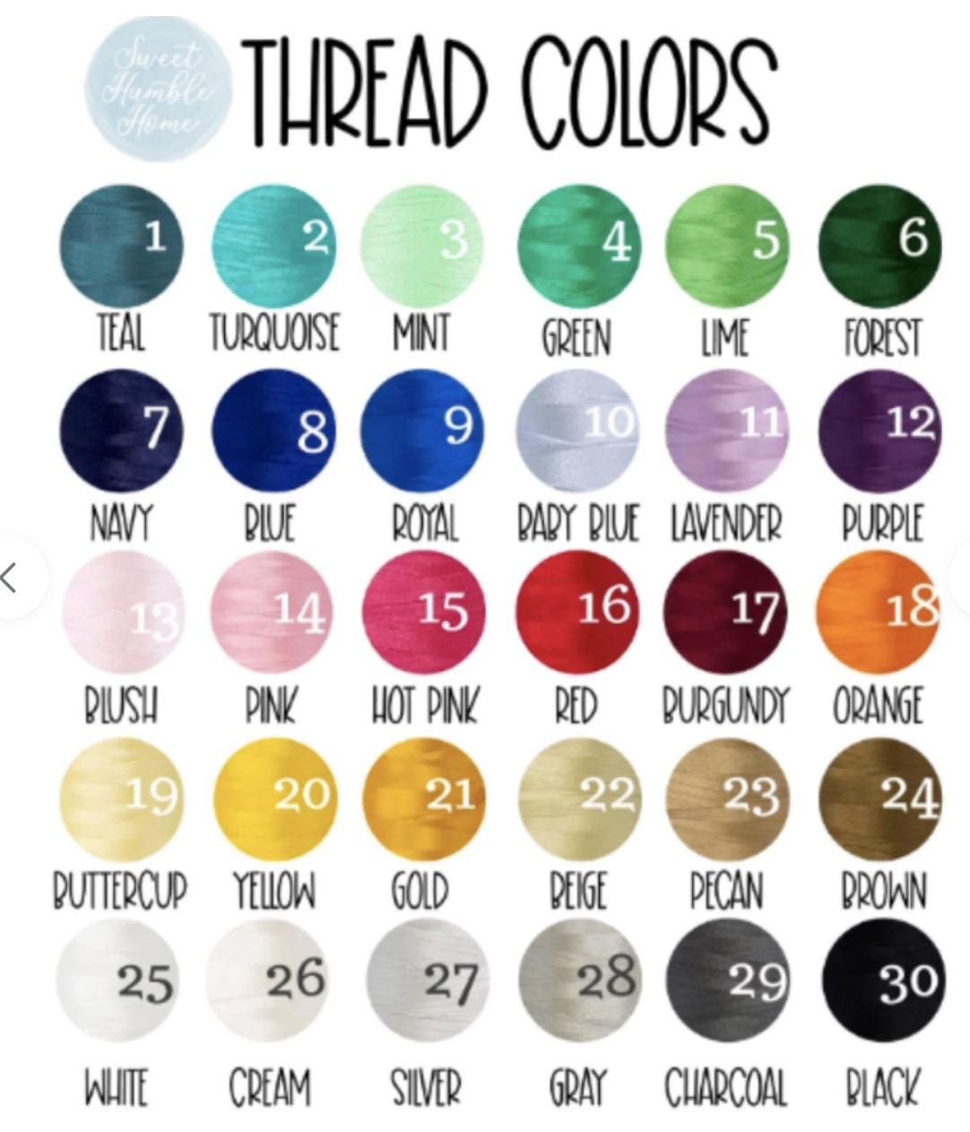 A graphic of the different colors we offer. Please message us with the color you would like.