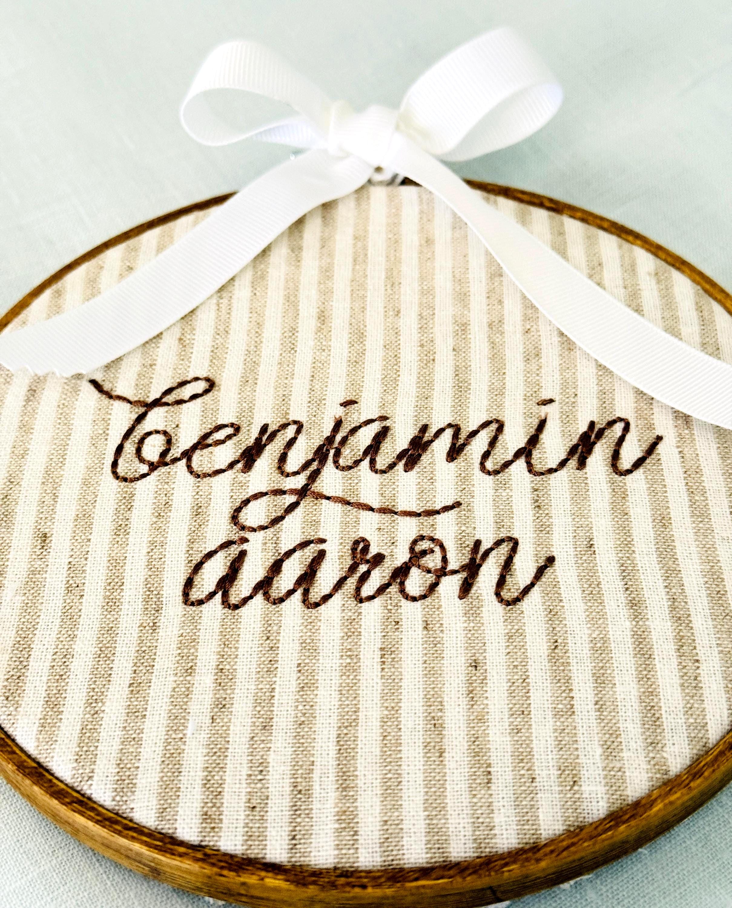 Personalized Embroidered Baby Name Hoop – Classic Nursery Wall Art, 6 Inch, Cursive Boys Name