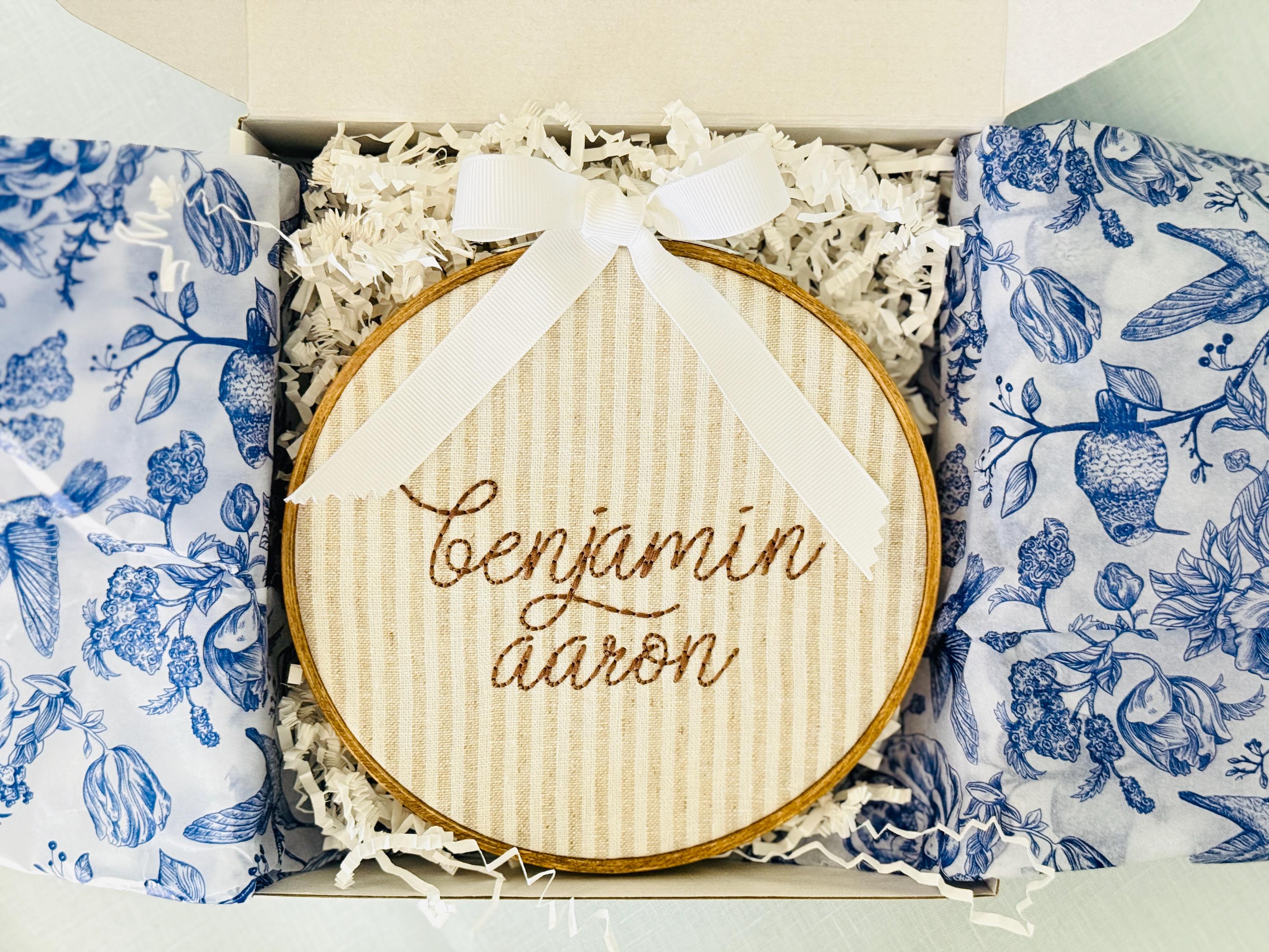 Personalized Embroidered Baby Name Hoop – Classic Nursery Wall Art, 6 Inch, Cursive Boys Name