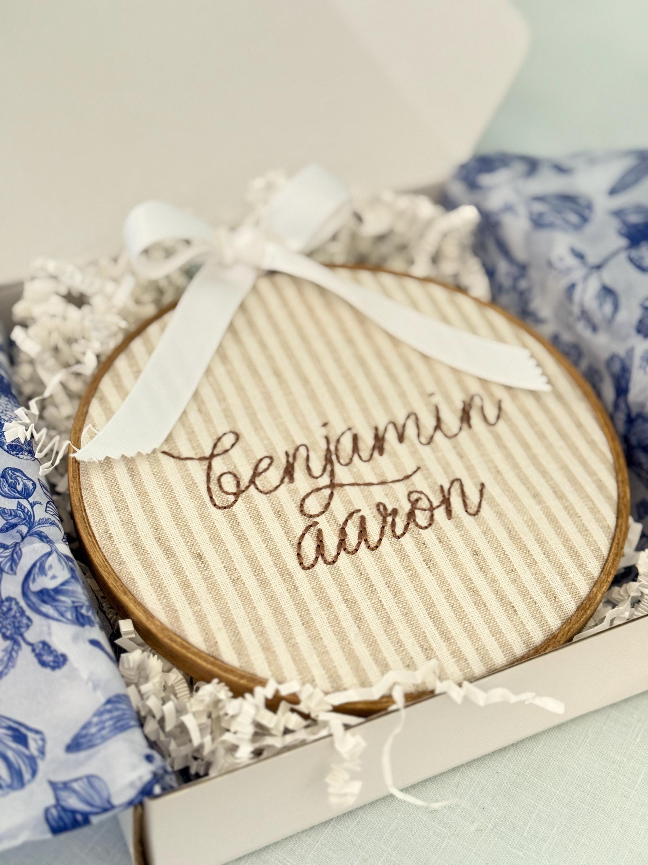 Personalized Embroidered Baby Name Hoop – Classic Nursery Wall Art, 6 Inch, Cursive Boys Name