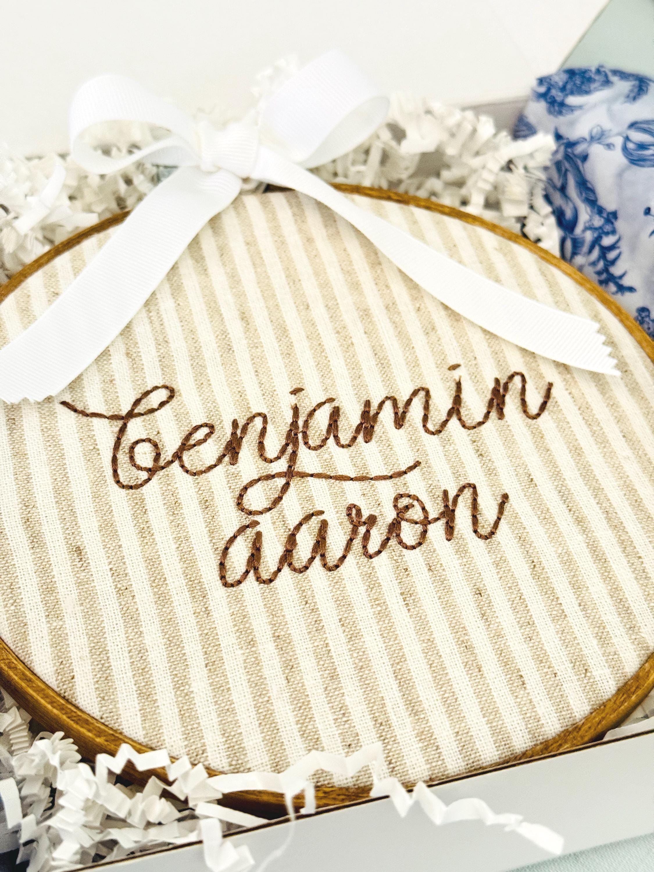Personalized Embroidered Baby Name Hoop – Classic Nursery Wall Art, 6 Inch, Cursive Boys Name