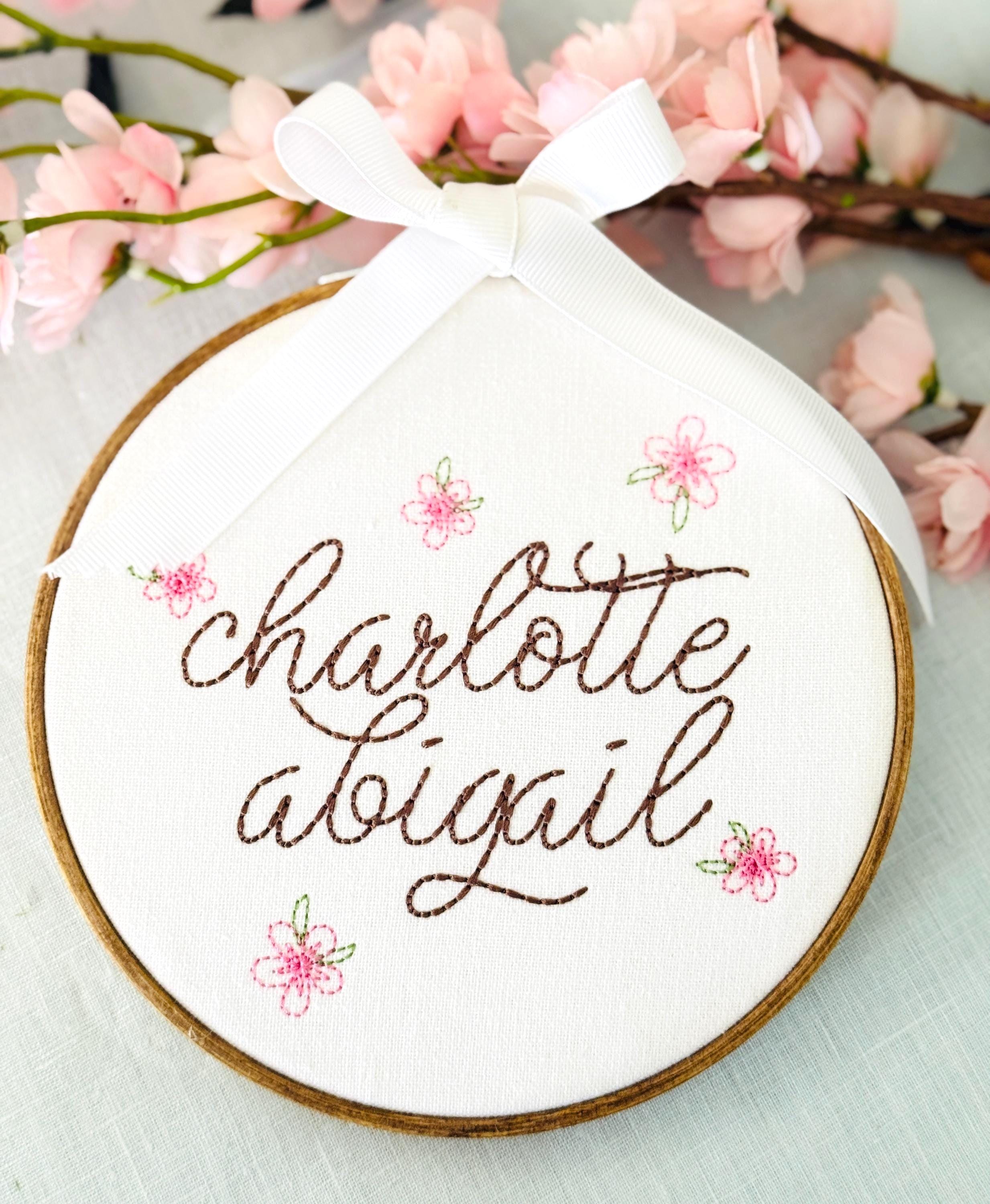 Personalized Embroidered Baby Name Hoop – Floral Classic Nursery Wall Art, 6 Inch, Cursive Girls Name