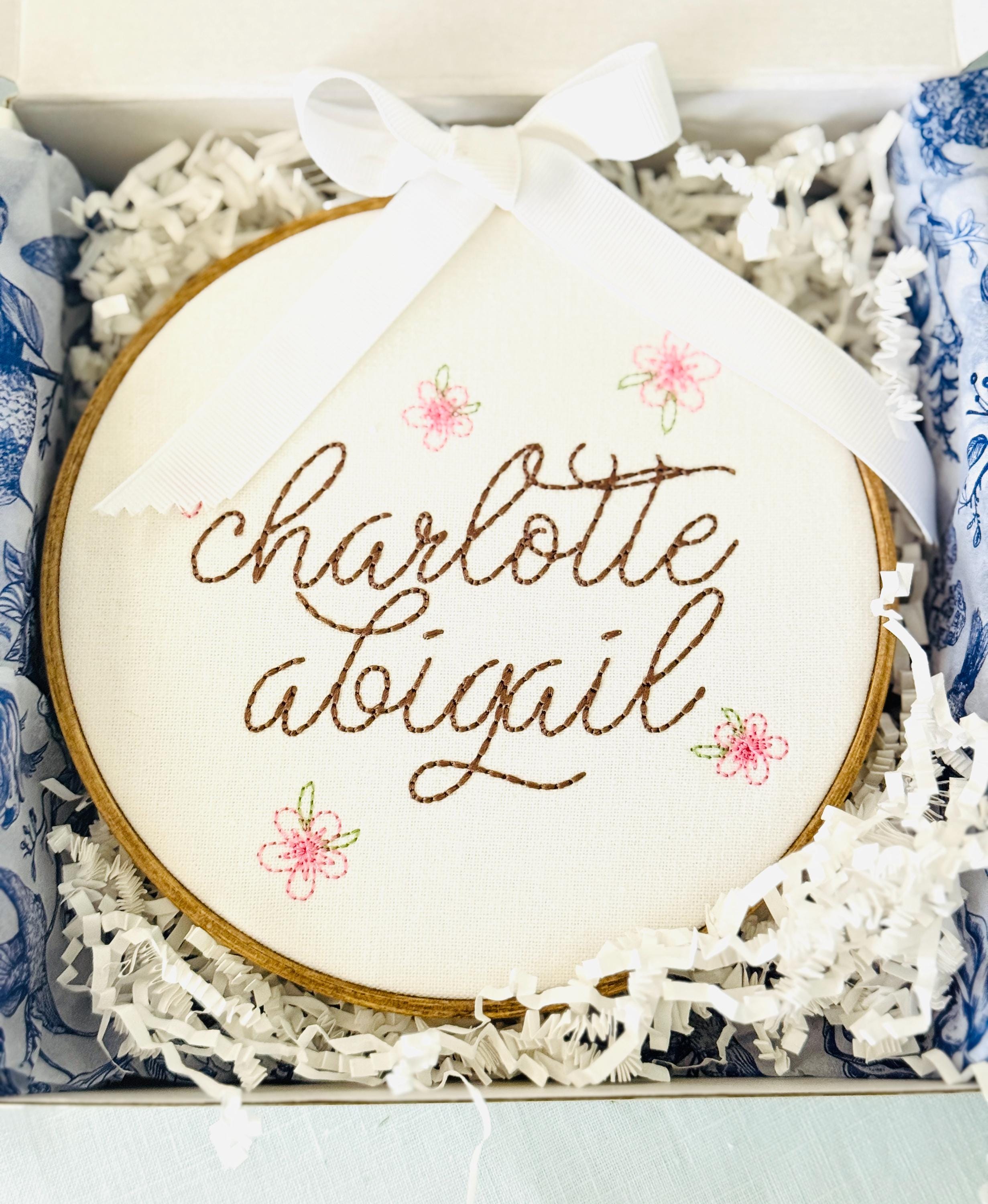 Personalized Embroidered Baby Name Hoop – Floral Classic Nursery Wall Art, 6 Inch, Cursive Girls Name