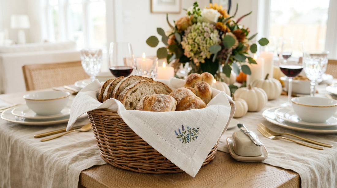Image of bread basket on fall table lined with embroidered linen with purple wildflowers.