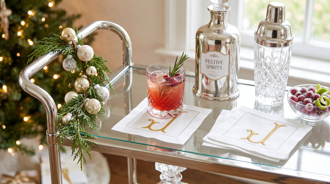 The letter J monogrammed cocktail napkins on a bar cart with a J monogrammed in gold thread.