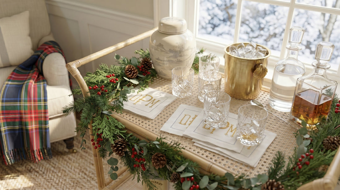 How to Style a Christmas Bar Cart with Embroidered Napkins