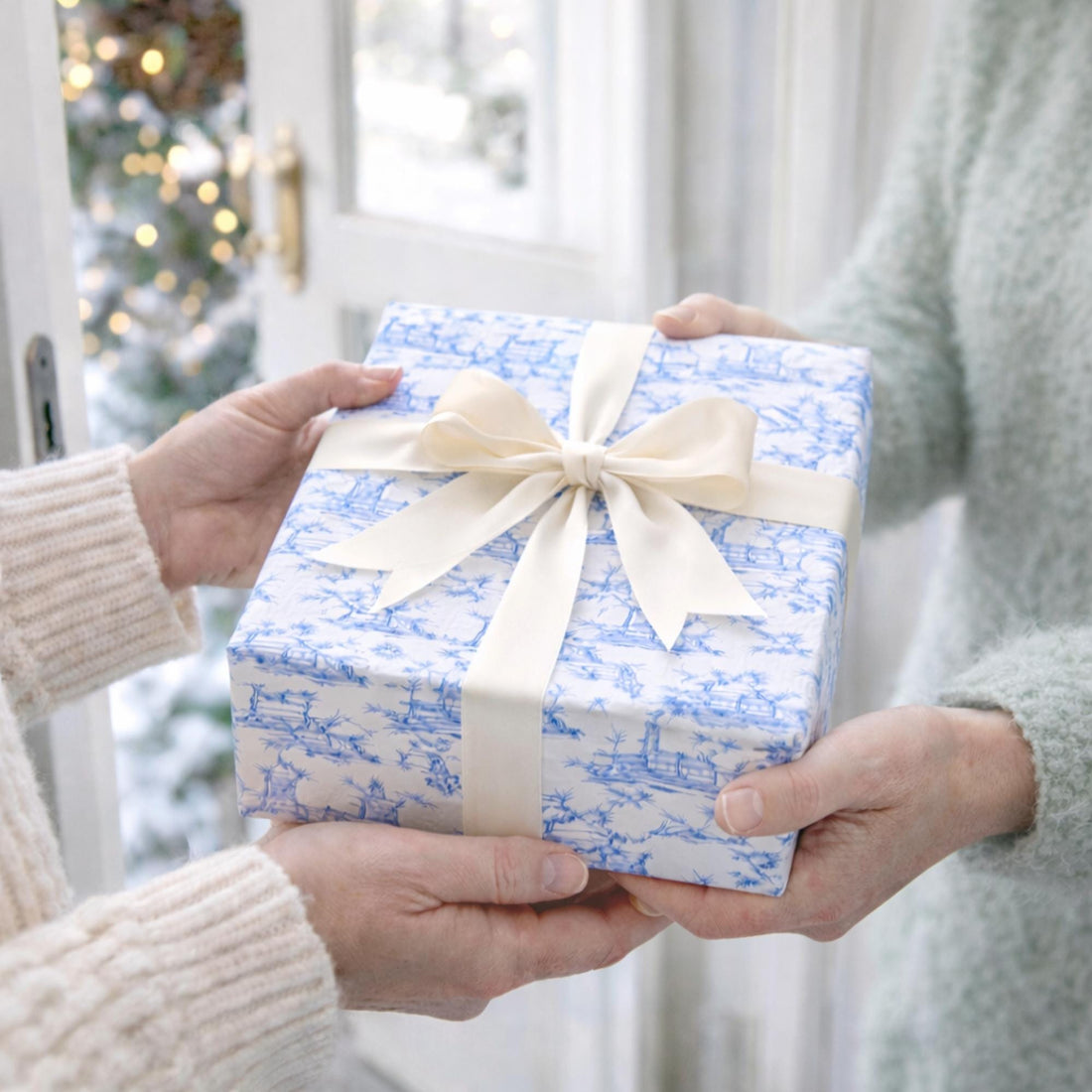 Woman handing another woman a hostess gift wrapped in blue and white paper with a bow.