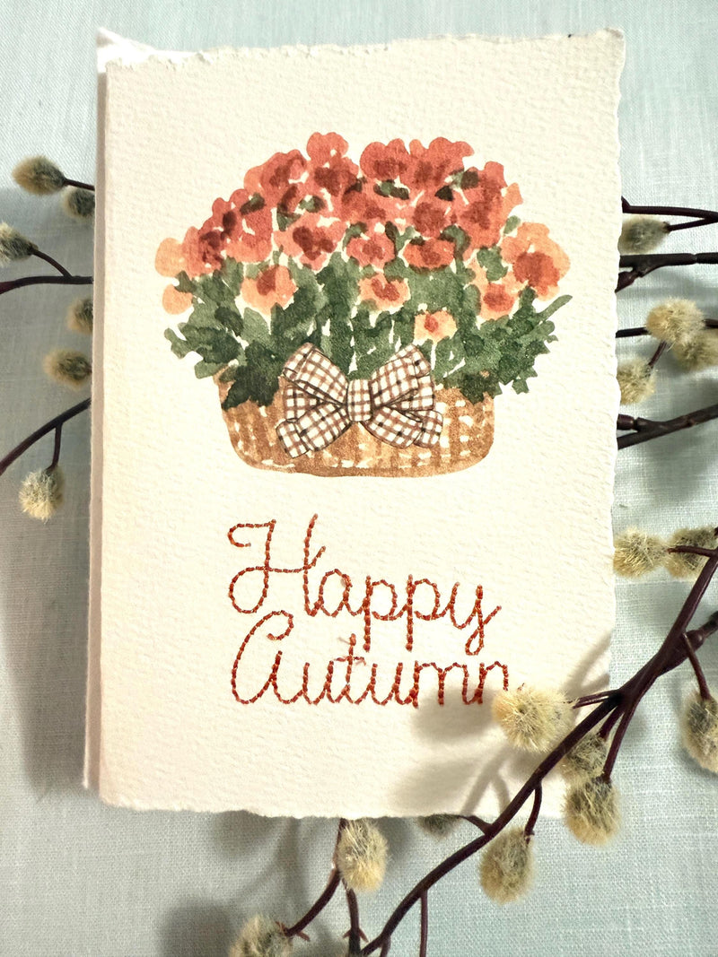 Autumn Watercolor Mums & Happy Autumn Embroidered on 4x6 card