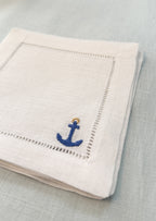 Embroidered Anchor Linen Cocktail Napkins | Coastal Hosting Decor