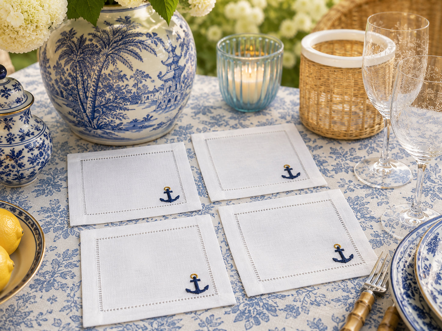 Embroidered Anchor Linen Cocktail Napkins | Coastal Hosting Decor