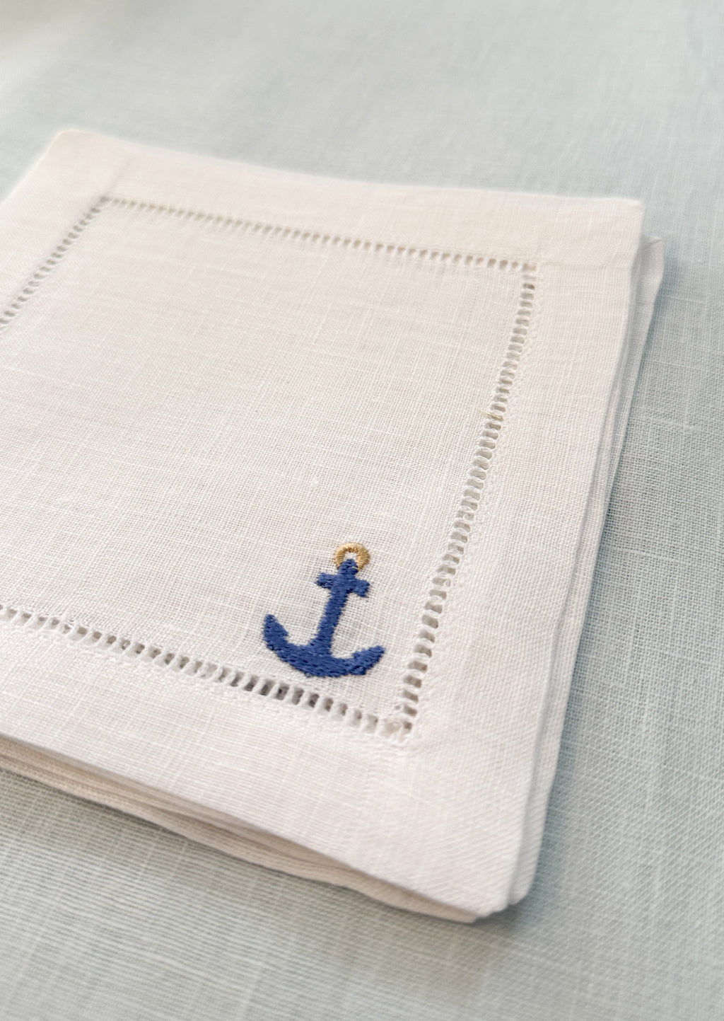 Embroidered Anchor Linen Cocktail Napkins | Coastal Hosting Decor