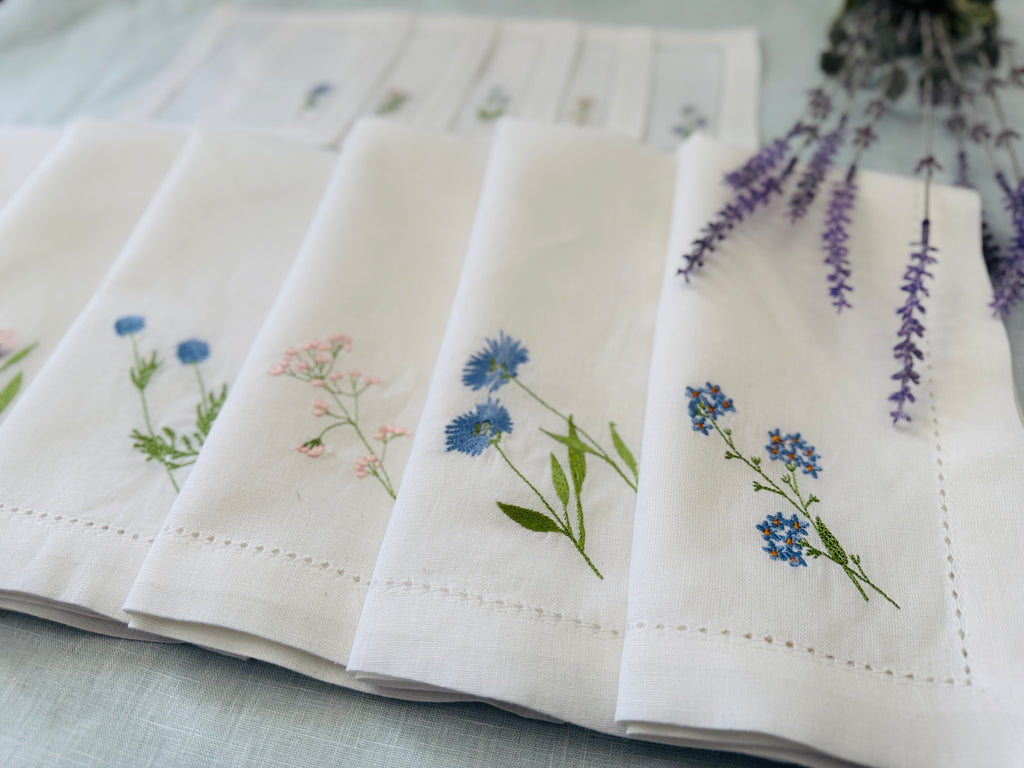 Embroidered Wildflower Linen Dinner Napkins | Floral Table Linens