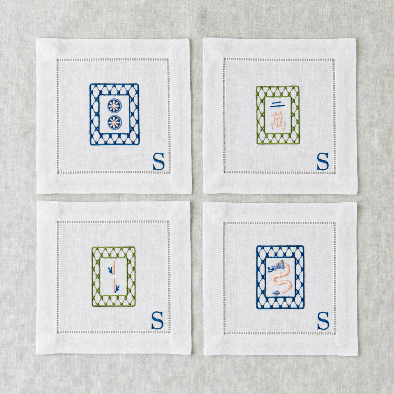 Personalized Mahjong Cocktail Napkins | Embroidered Linen