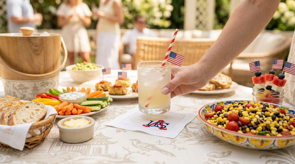 Outdoor setting with a table full of food and drinks, including a hand holding a drink with a straw. The person is putting a cocktail down onto a white linen table napkin embroidered with USA in the bottom corner in red and blue.