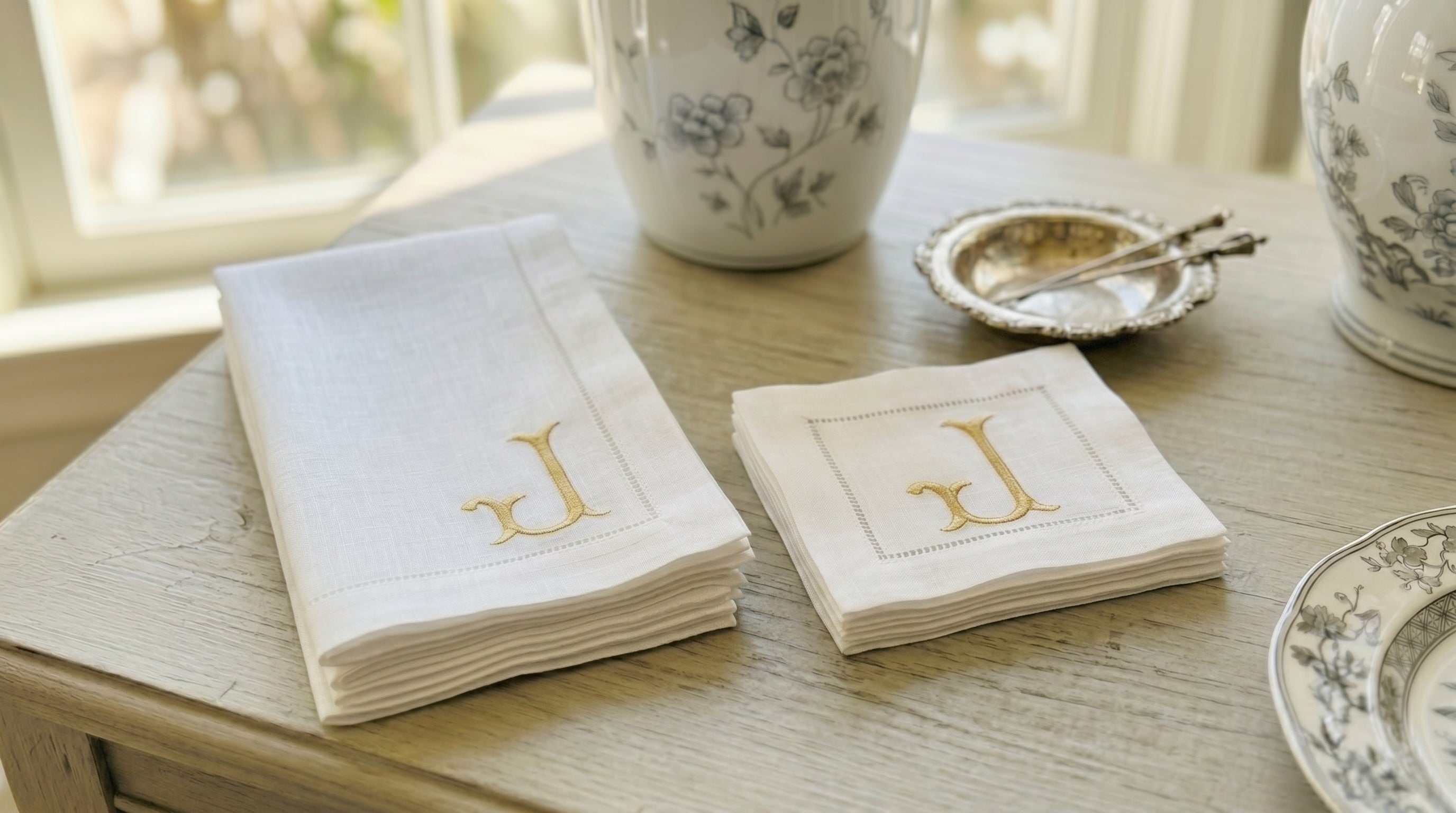 White napkins with gold letter 'J' on a wooden table with decorative items.