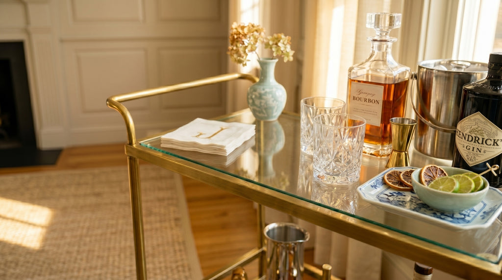 Glass bar cart with drinks and snacks in a home setting