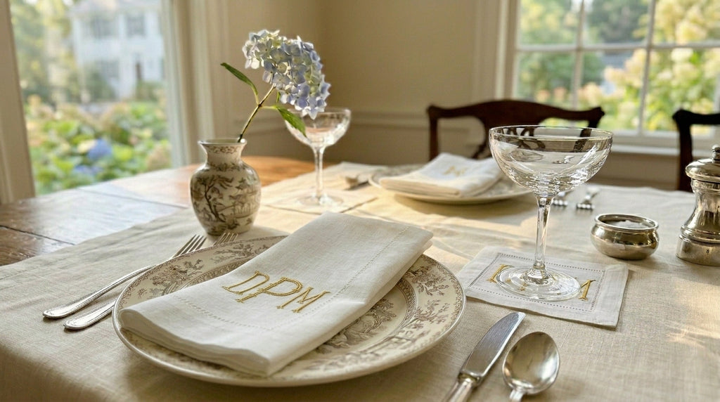 Elegant table setting with plates, silverware, and a napkin with initials in a well-lit room.