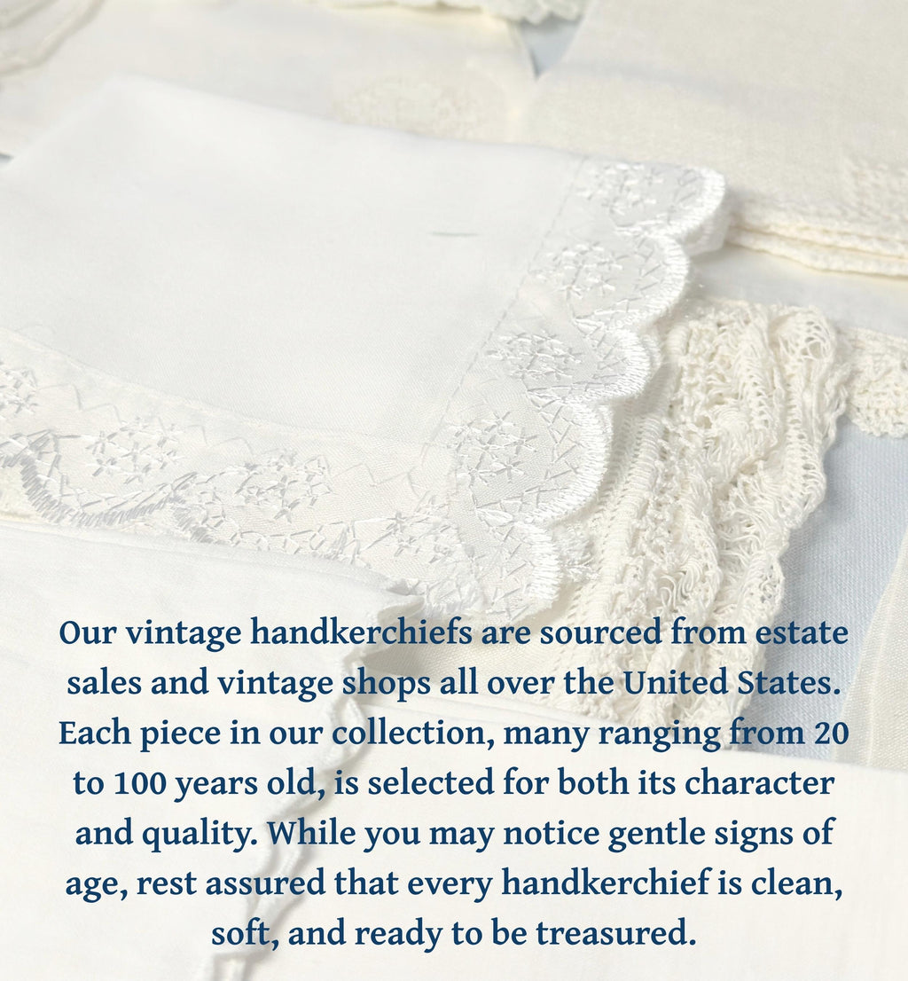 Vintage handkerchiefs with text about their sourcing and condition.