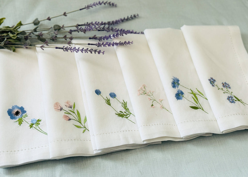 Embroidered Wildflower Linen Dinner Napkins | Floral Table Linens