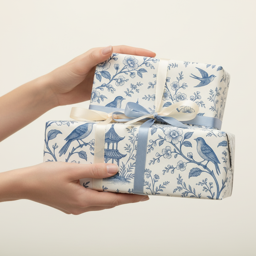 can you use this to wrap two gift boxes being held by a woman's hands?