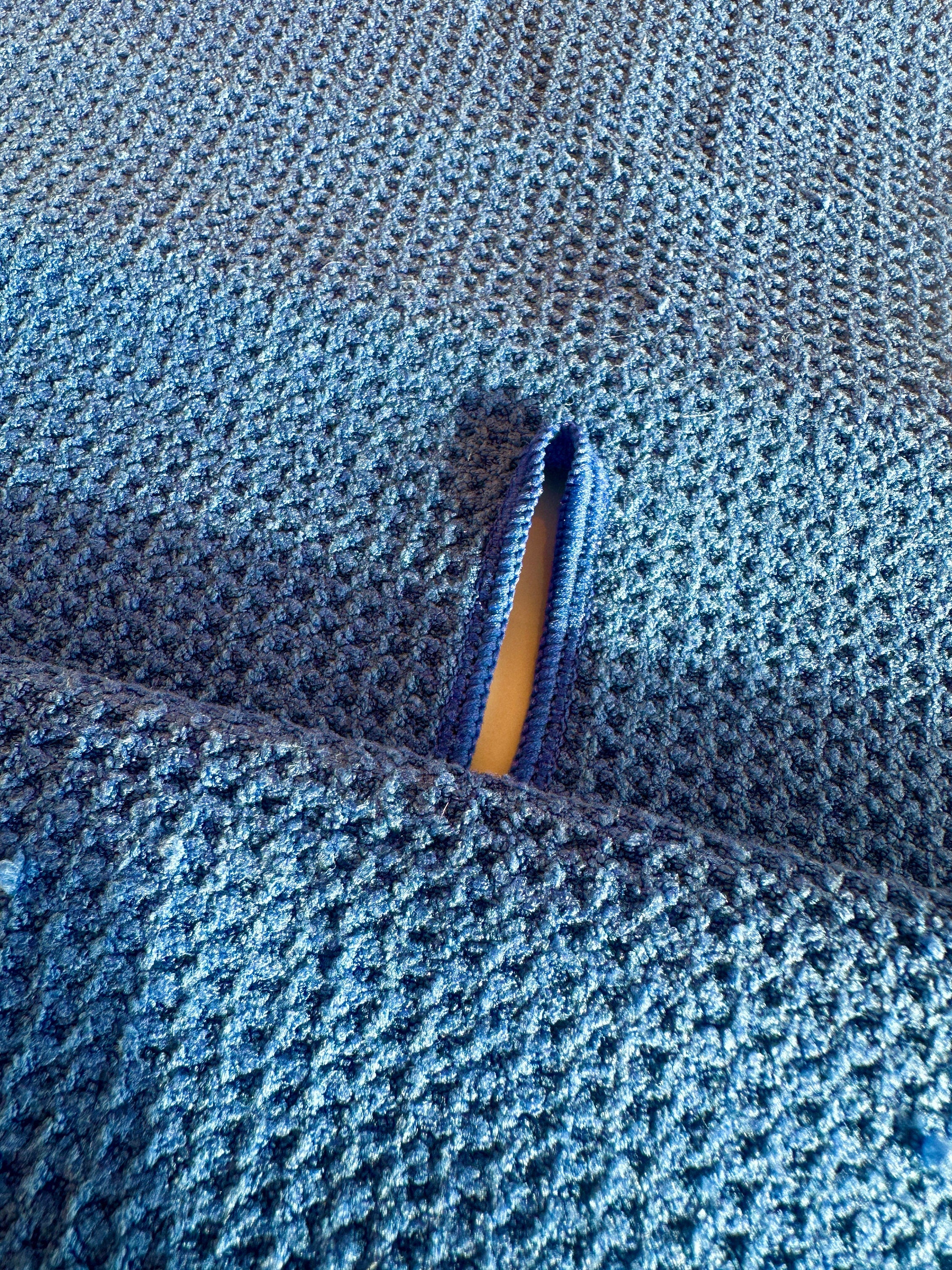 Monogram golf towel in navy blue with center cut slit for hanging over golf clubs. One of three color choices for personalized golf towel.