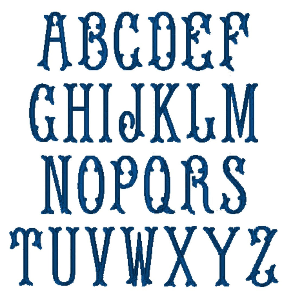 A blue alphabet with decorative flourishes. The letters are in a serif font and are arranged in three rows.