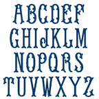 A blue alphabet with decorative flourishes. The letters are in a serif font and are arranged in three rows.