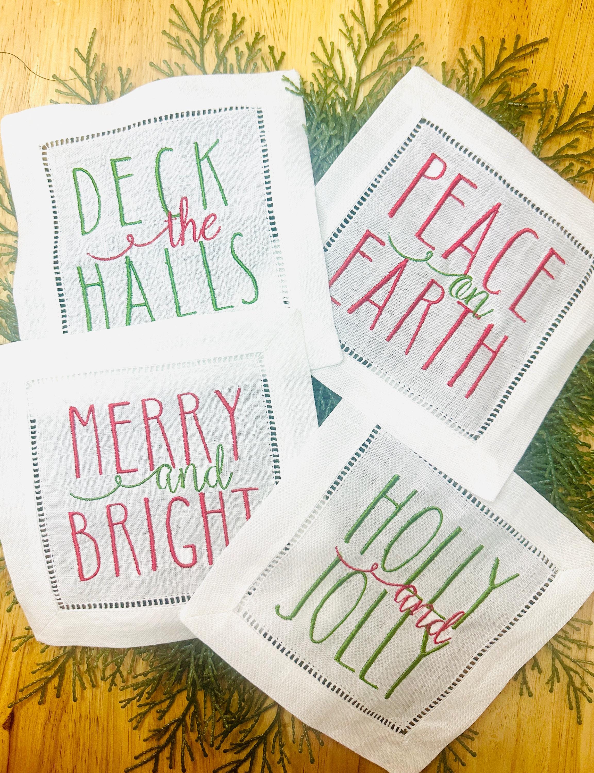 Embroidered Cocktail Napkins Christmas Cloth Napkins Barware and Cocktail Gifts Hostess Gift Set for Neighbor