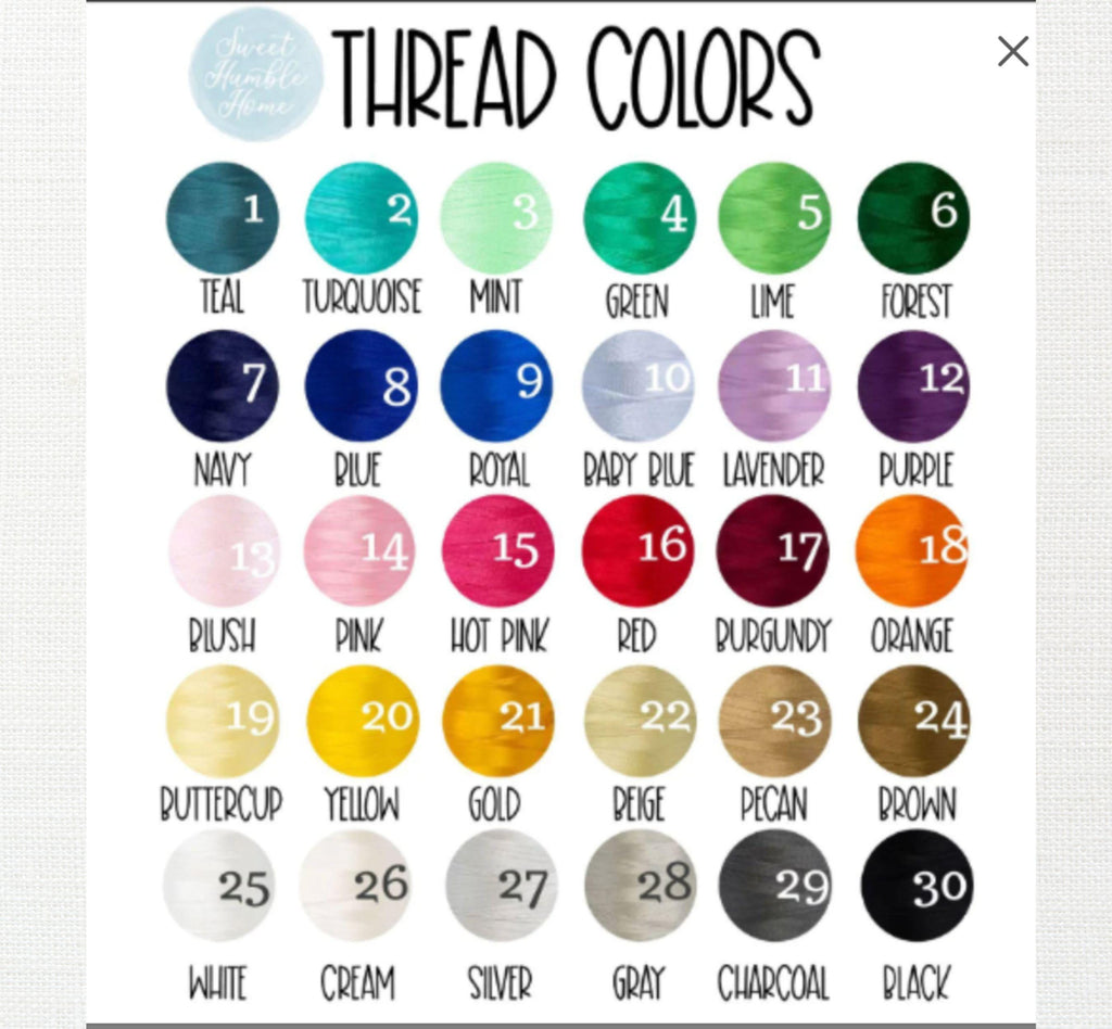 Thread chart for custom embroidered cards with corresponding numbers to personalize.