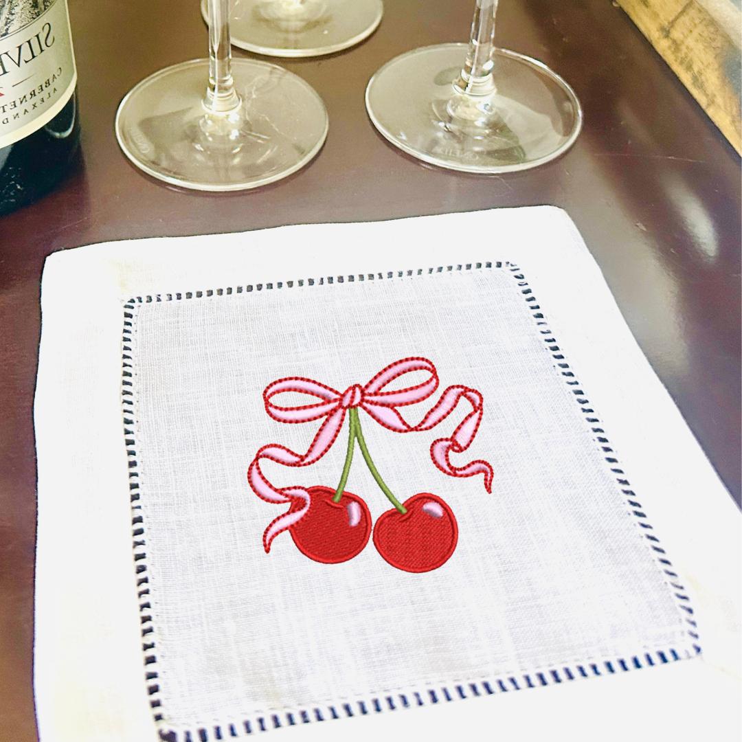 Embroidered Linen Drink Coasters Barware and Cocktail Gifts with Cherry 30th Birthday Gift for Her (Set of 4)