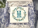 Custom embroidered housewarming gift for best friend. This towel is ready to be shipped folded up and presented in a white box with crinkle paper and chinoiserie blue and white tissue. The white towel is embroidered with an initial (M).