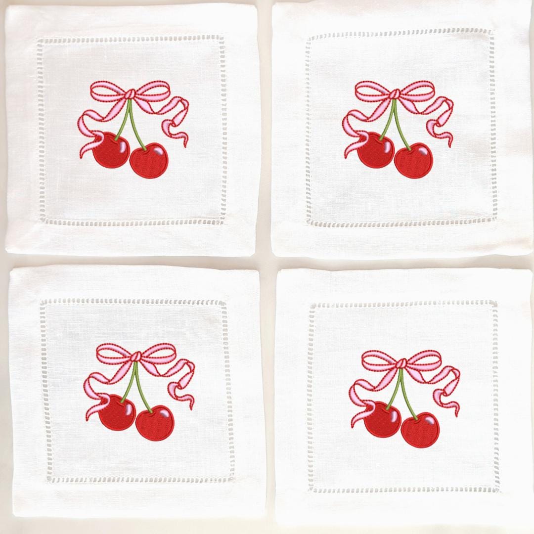 Embroidered Linen Drink Coasters Barware and Cocktail Gifts with Cherry 30th Birthday Gift for Her (Set of 4)