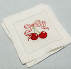 Embroidered Linen Drink Coasters Barware and Cocktail Gifts with Cherry 30th Birthday Gift for Her (Set of 4)
