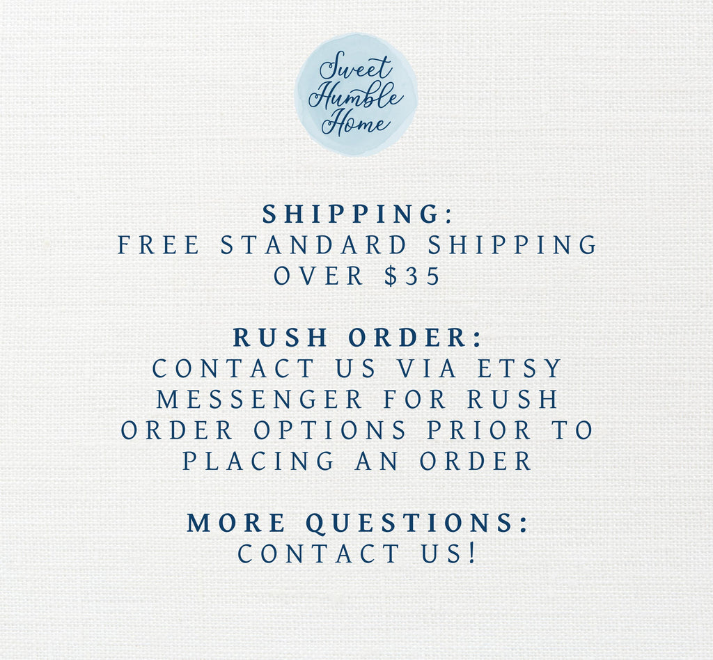 A graphic of our shipping policy that explains free shipping over $35, that rush orders are available, and to contact us for more questions.