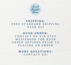 A graphic of our shipping policy that explains free shipping over $35, that rush orders are available, and to contact us for more questions.