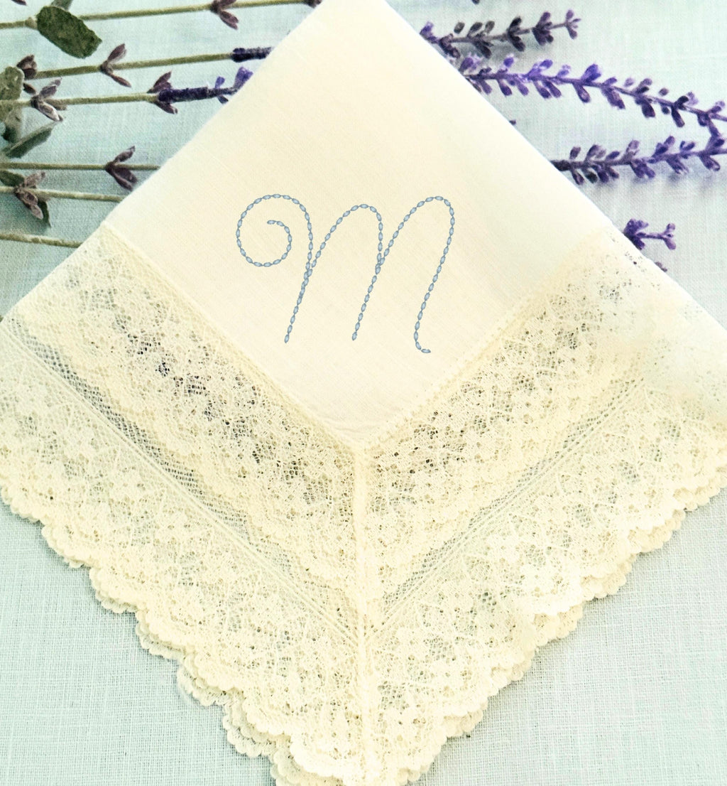 Embroidered Vintage Wedding Handkerchief Custom Initial Bridal Shower Gift for Bride from Maid of Honor