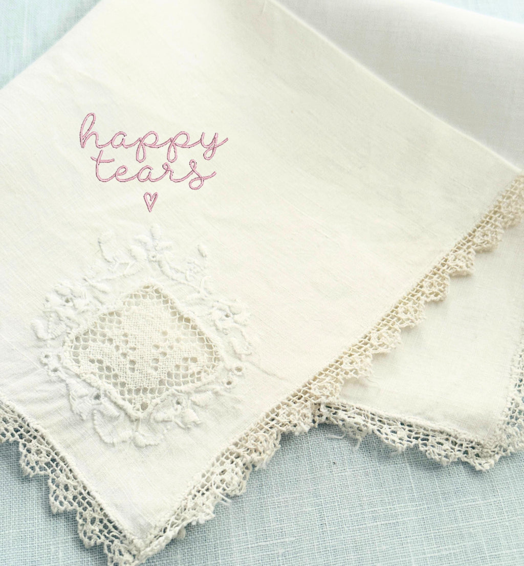 Vintage Embroidered Happy Tears Custom Wedding Handkerchief Mother of the Bride Gift from Bride