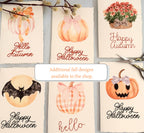 Additional cards that are available. Top left to bottom right: watercolor pumpkin orange bow with &quot;Hello Pumpkin&quot; embroidered in orange, watercolor pumpkin with pink bow &quot;Happy Halloween&quot; embroidered in pink, watercolor mums in basket with &quot;happy autumn&quot; embroidered in orange, a watercolor bat in front of the moon with &quot;Happy Halloween&quot; in black thread embroidered, a pink gingham pumpkin with pink bow with &quot;hello&quot; embroidered, jack o lantern wate