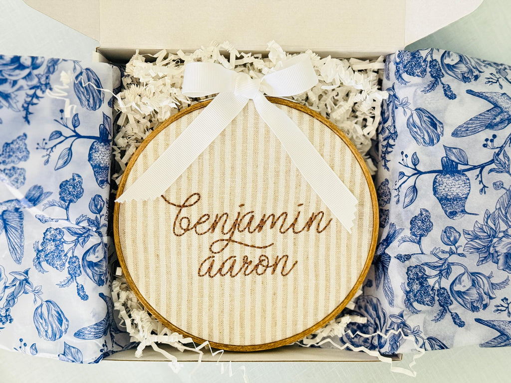 Personalized Embroidered Baby Name Hoop – Classic Nursery Wall Art, 6 Inch, Cursive Boys Name