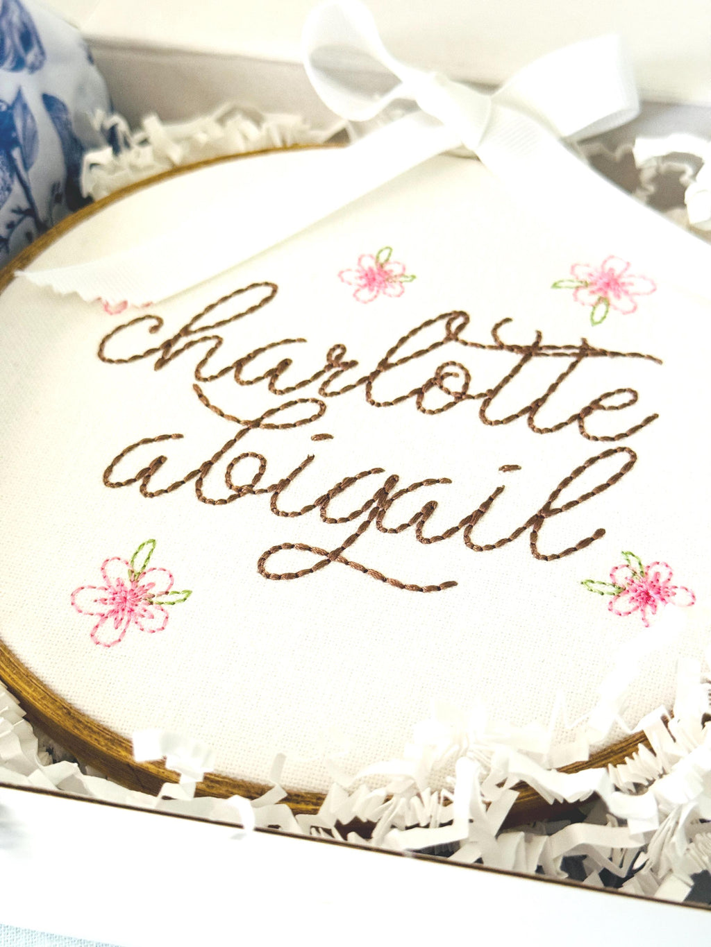 Personalized Embroidered Baby Name Hoop – Floral Classic Nursery Wall Art, 6 Inch, Cursive Girls Name