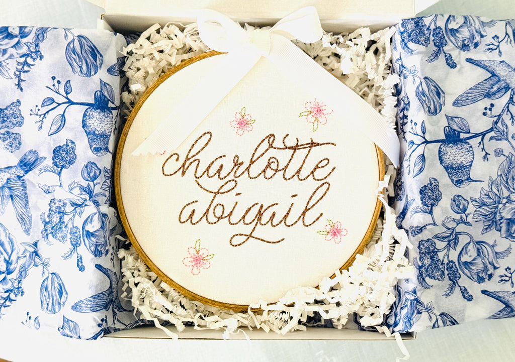 Personalized Embroidered Baby Name Hoop – Floral Classic Nursery Wall Art, 6 Inch, Cursive Girls Name