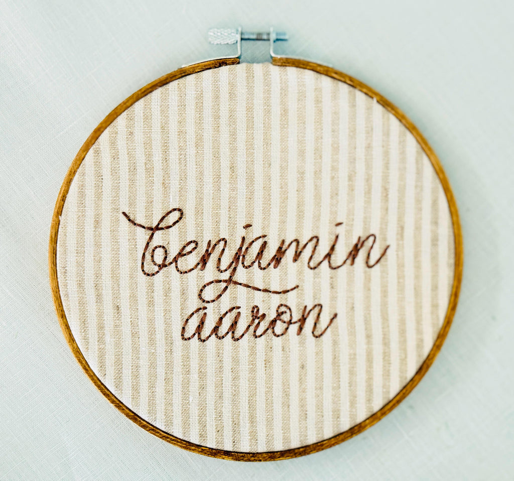 Personalized Embroidered Baby Name Hoop – Classic Nursery Wall Art, 6 Inch, Cursive Boys Name