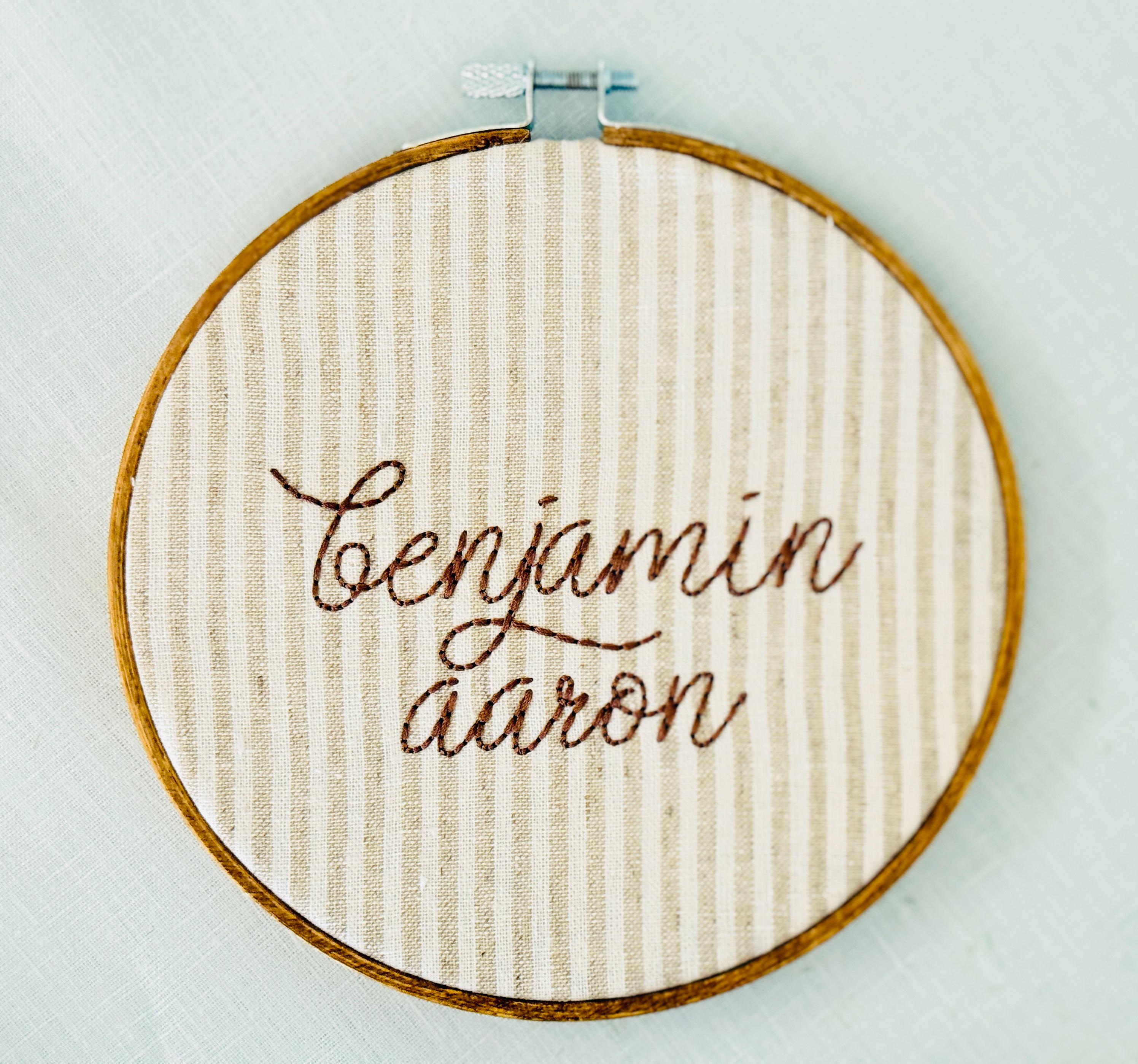 Personalized Embroidered Baby Name Hoop – Classic Nursery Wall Art, 6 Inch, Cursive Boys Name