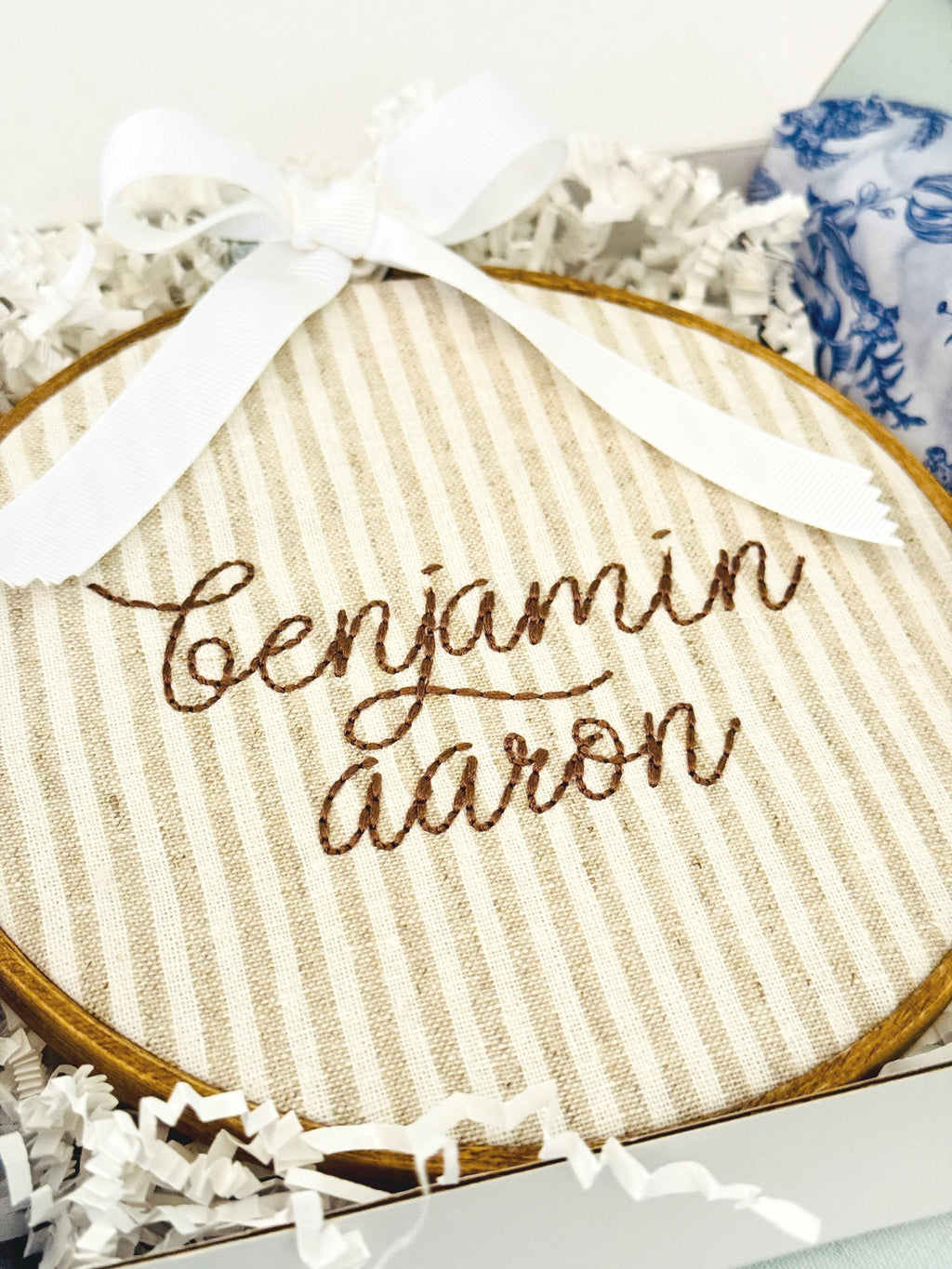 Personalized Embroidered Baby Name Hoop – Classic Nursery Wall Art, 6 Inch, Cursive Boys Name