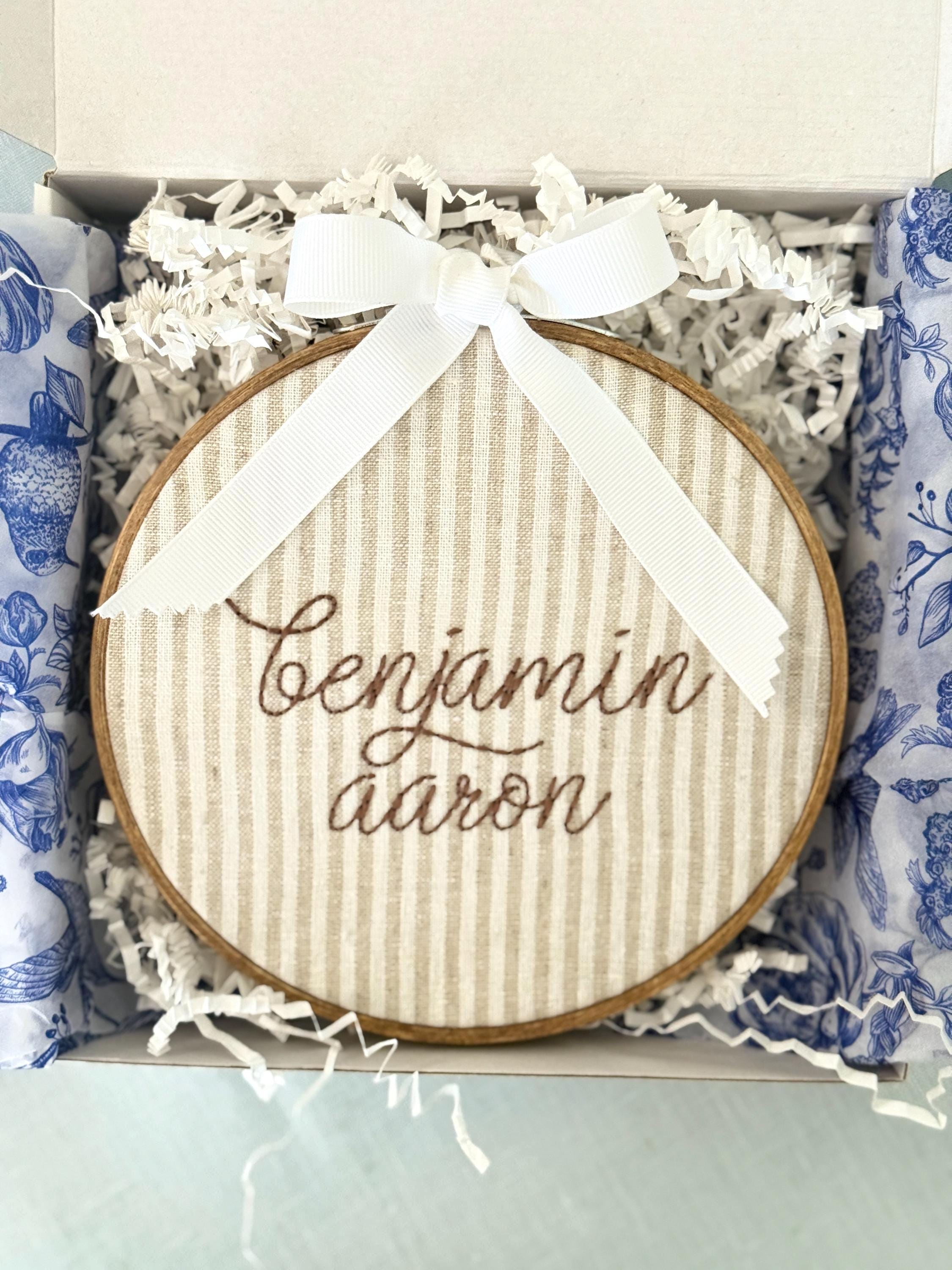 Personalized Embroidered Baby Name Hoop – Classic Nursery Wall Art, 6 Inch, Cursive Boys Name