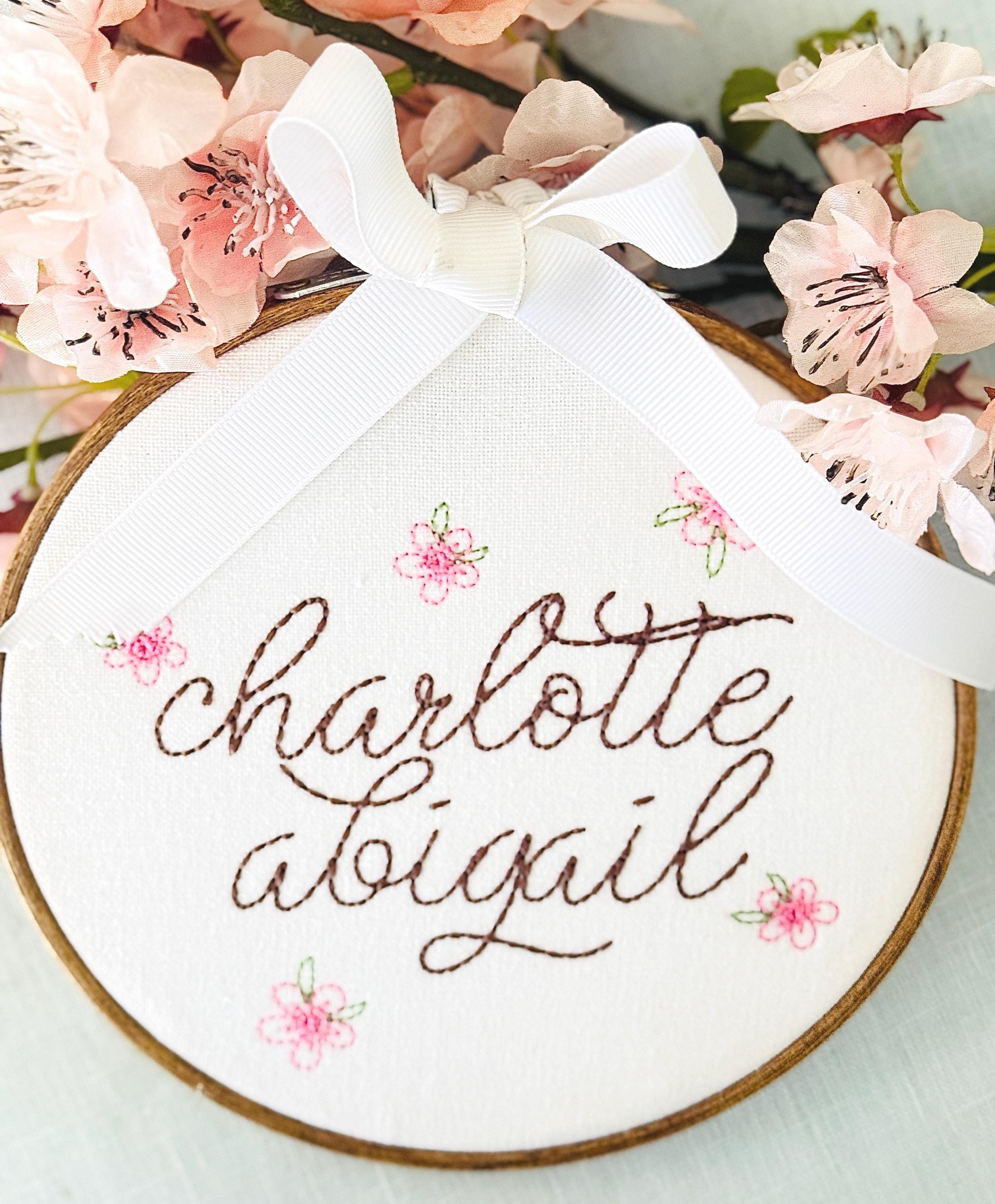 Personalized Embroidered Baby Name Hoop – Floral Classic Nursery Wall Art, 6 Inch, Cursive Girls Name
