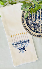 Jewish Hanukkah Menorah Gift Box: Embroidered Tea Towel & Linen Cocktail Napkins Holiday Hostess Set