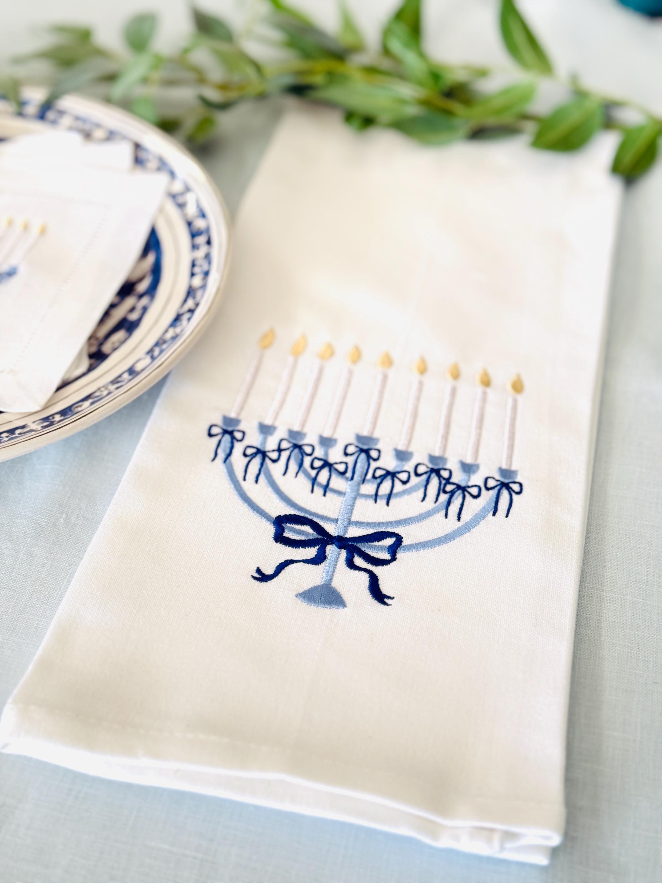 Jewish Hanukkah Menorah Gift Box: Embroidered Tea Towel & Linen Cocktail Napkins Holiday Hostess Set